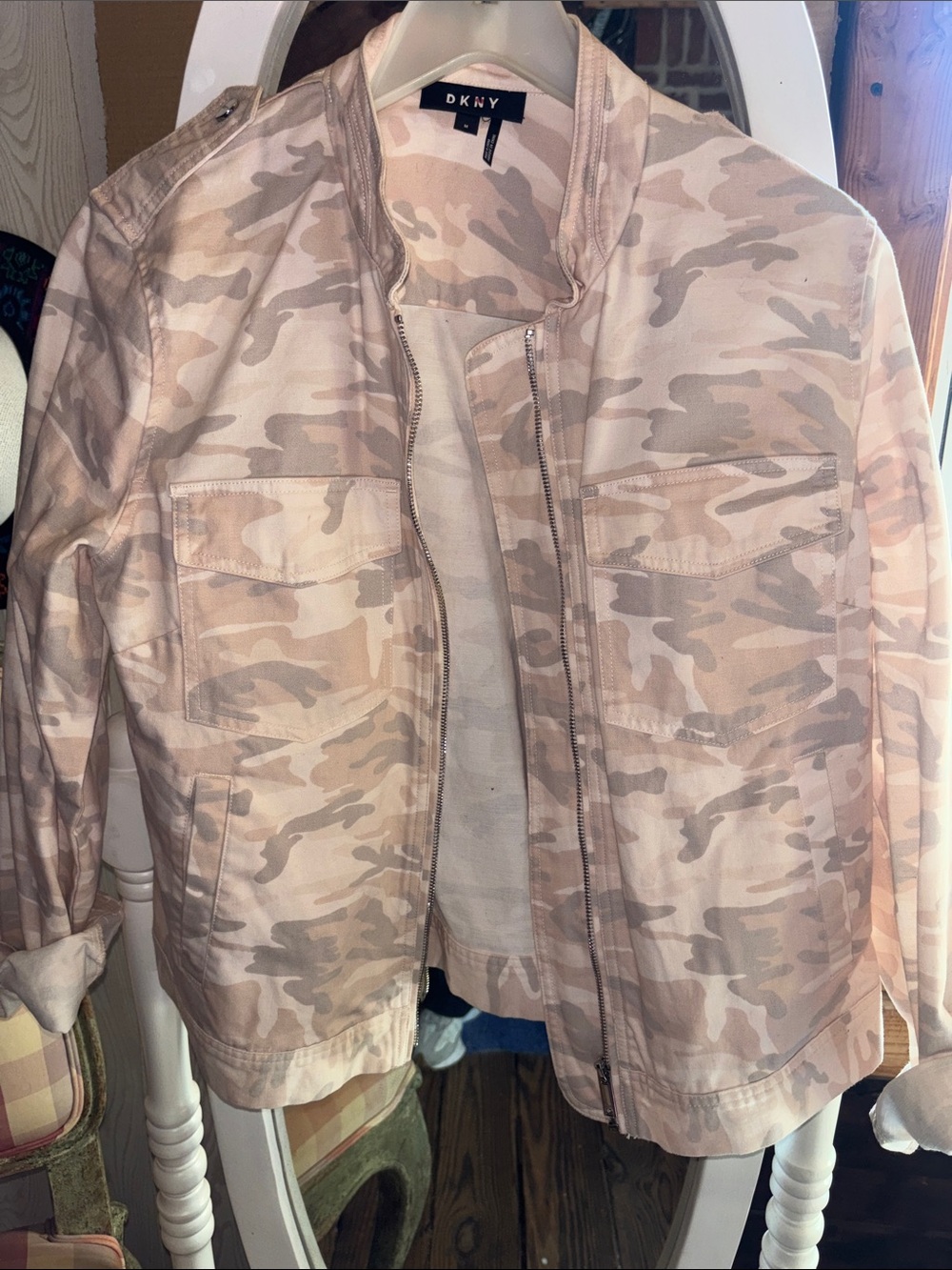 DKNY Beige & Light Brown , pink Camouflage Military-Style Jacket